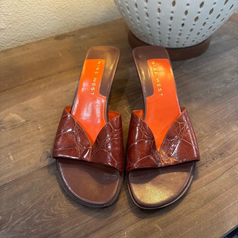 Nine West Brown Leather Slide Sandals